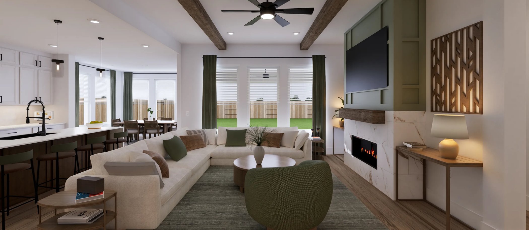 Open-concept main living area with fireplace