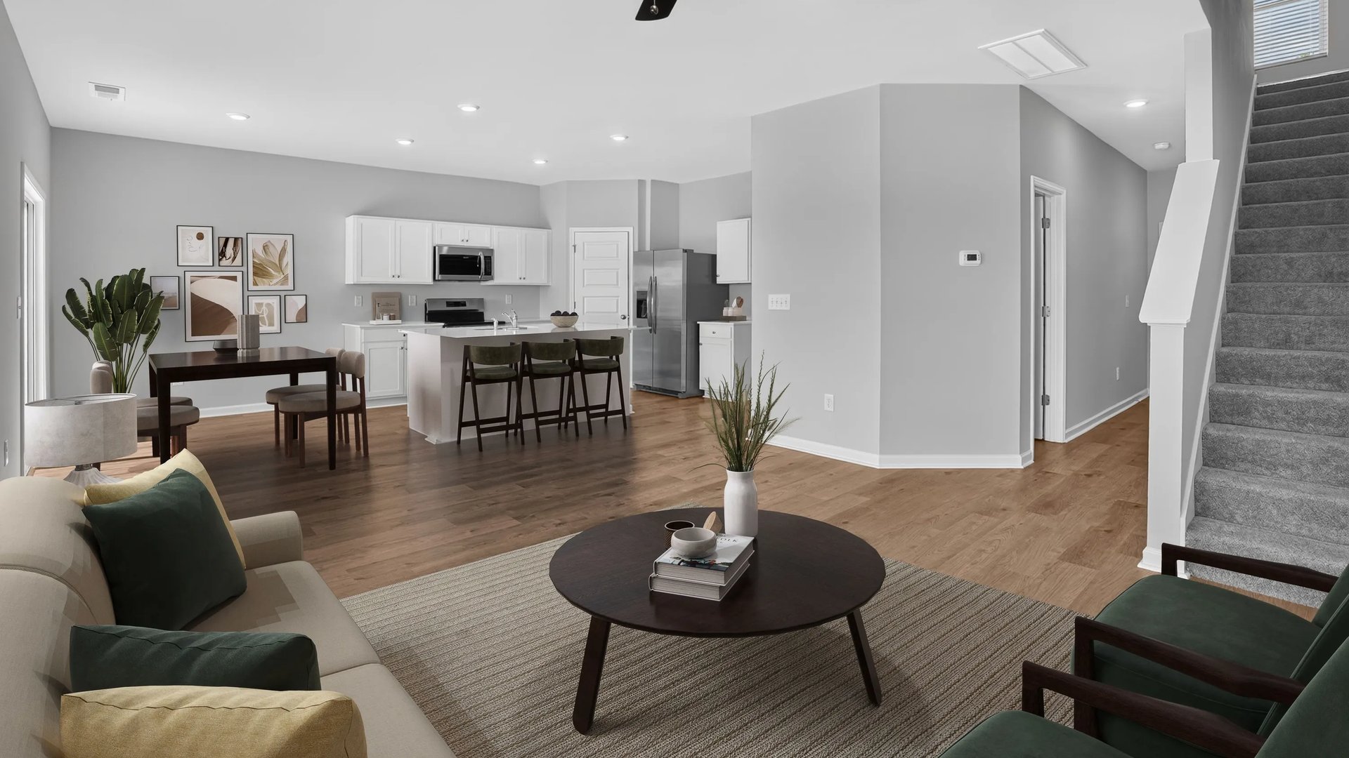 Family room overlooking kitchen and dining room