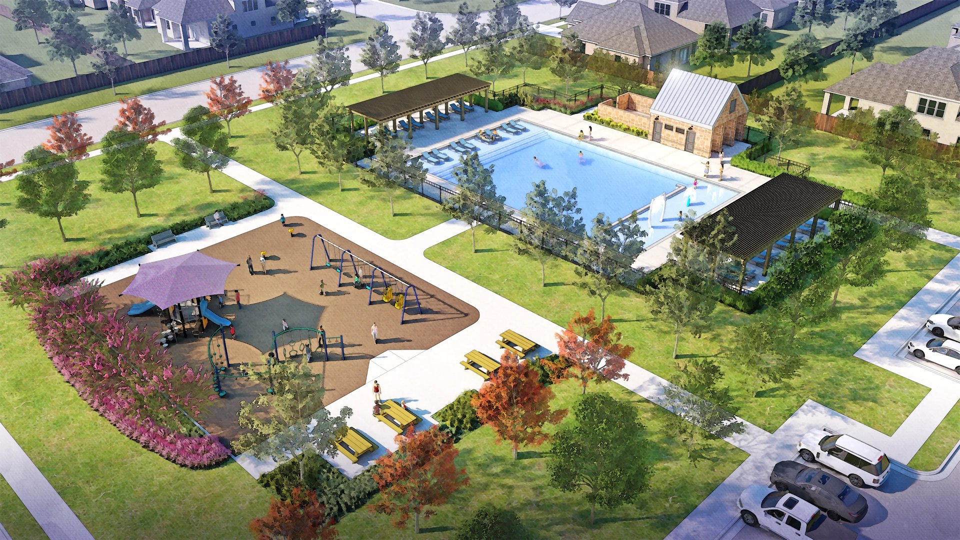 Aerial of swimming pool rendering and playground (Swimming Pool in Songhill)
