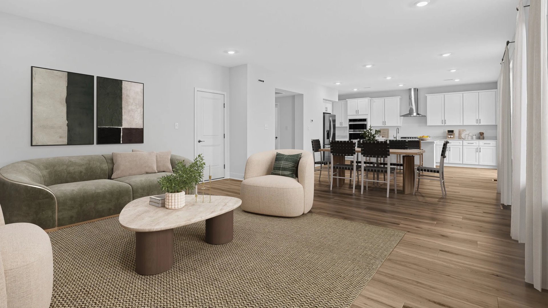 Open-concept Great Room, dining area and kitchen