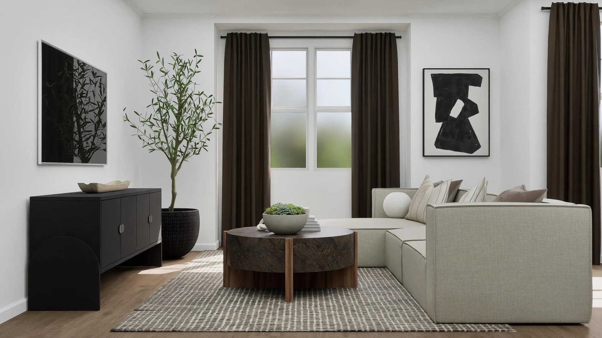 Side view of Great Room with mounted wall TV