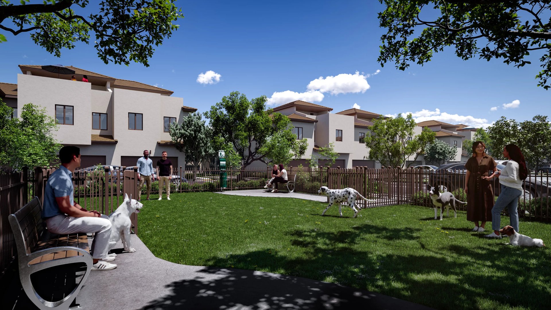 Fenced dog park with grass, multiple dogs and people (Dog Park in Altessa at Wilton Manors)