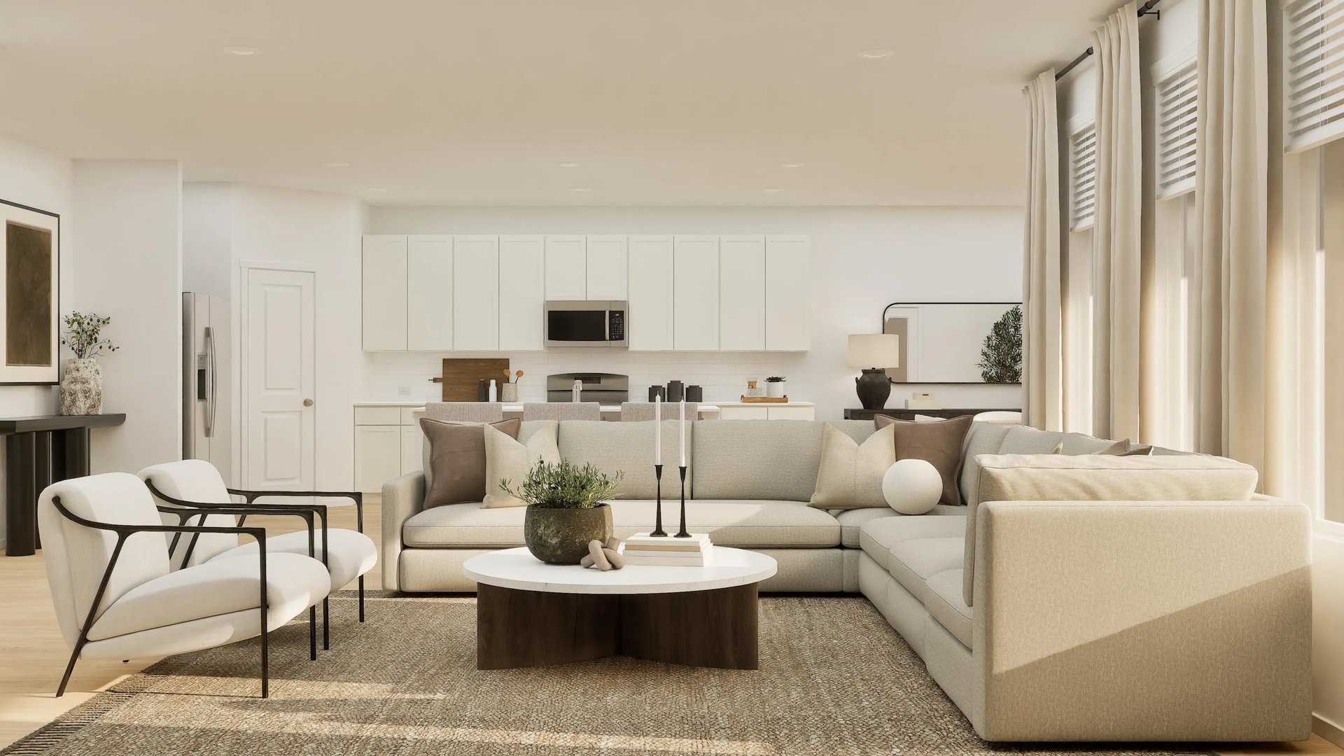 Furnished family room with view of open kitchen
